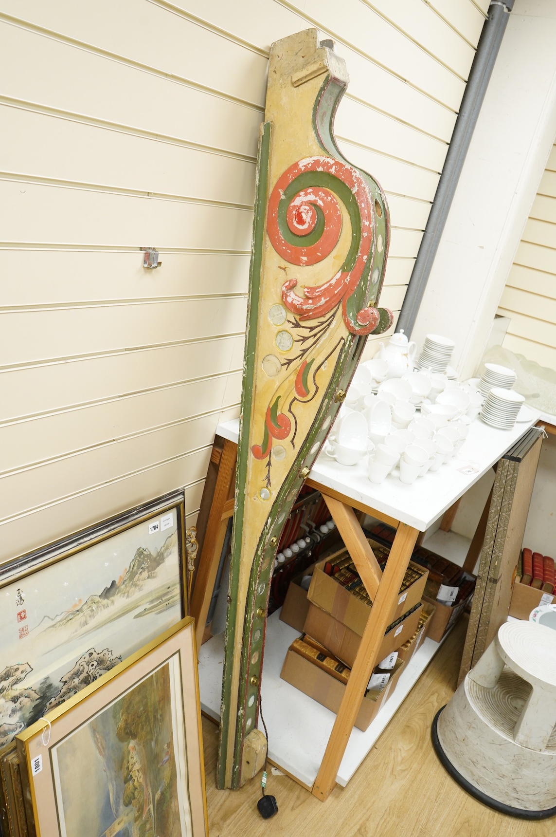 A painted wood carousel rail with light fittings, 185cm high